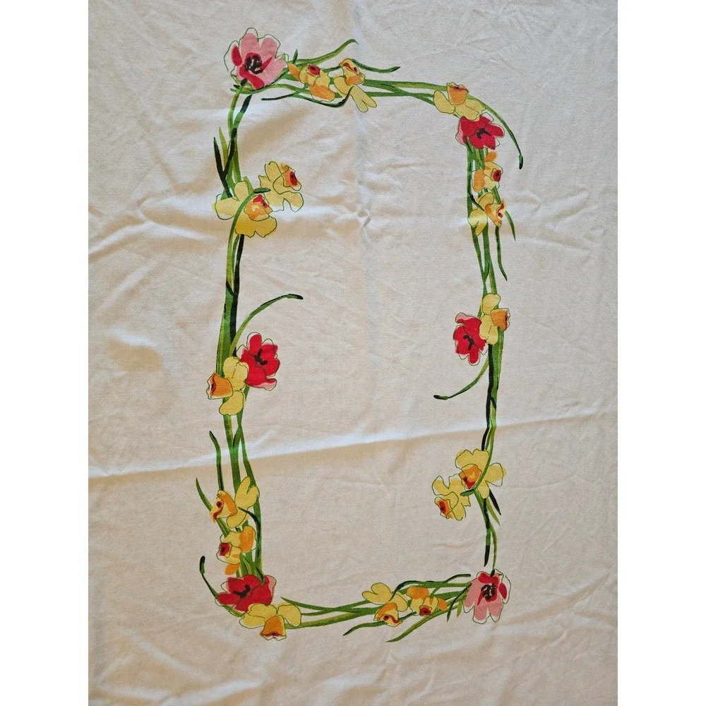 Vintage Vera Linen Tablecloth Floral Daffodil Tulip Print Rectangle 58x96‎